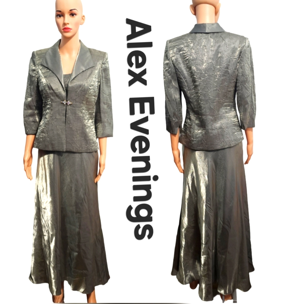 VTG Alex Evenings Silvery Sage Green Metallic Dress And Jacket Formal Set Sz 6
